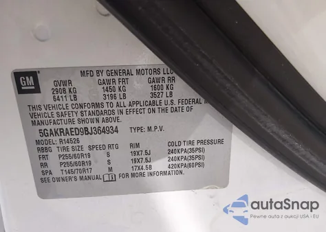 2011 Buick Enclave Cx из США, поврежденный, VIN 5GAKRAED9BJ364934